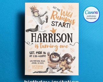 Invitación imprimible para fiesta de cumpleaños de Donde viven los monstruos, plantilla editable para invitación de aventura en la jungla, cuento de hadas para niños y niñas.