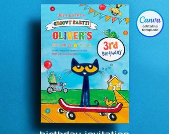 printable Pete the Cat Birthday Party Invitation, Editable Pete the Cat Invite, Party Invite Template, boy girl birthday