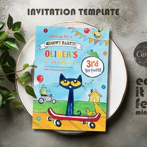 Invitación imprimible para fiesta de cumpleaños de Pete el gato, invitación editable de Pete el gato, plantilla de invitación para fiesta, cumpleaños de niño y niña