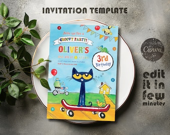 printable Pete the Cat Birthday Party Invitation, Editable Pete the Cat Invite, Party Invite Template, boy girl birthday