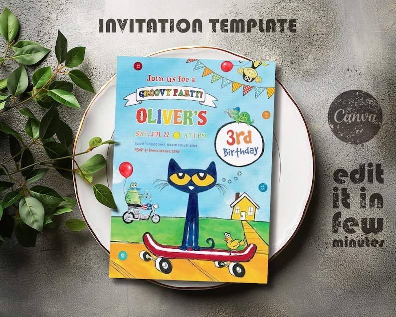Puede incluir: Una invitaci&oacute;n colorida para una fiesta de cumplea&ntilde;os n&uacute;mero 3 con un gato de dibujos animados montando un monopat&iacute;n. La invitaci&oacute;n dice "Join us for a groovy party! Oliver's 3rd Birthday. Sat. Jul 22 at 1 pm".