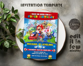 May include: A blue and red invitation card with a Mario Kart theme. The card features a cartoon image of Mario and other characters from the game. The text on the card reads "Race on over for a Super Birthday!" and "Michael is Leveling Up to 4!" The card also includes the date, time, and location of the party.