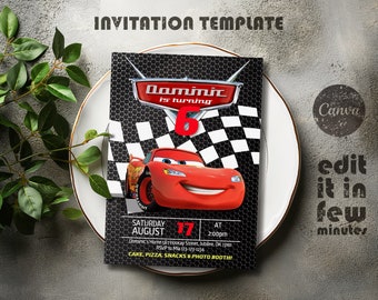 Invitación imprimible de Cars, invitación de Rayo McQueen, invitación para fiesta de cumpleaños, plantilla de invitación de cumpleaños de carreras