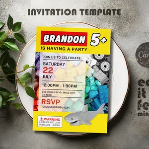 May include: A yellow invitation template with the text "BRANDON 5+ IS HAVING A PARTY". The invitation includes party details, a shark graphic, and a warning about laughter and cake overload. The background features colorful toy blocks.