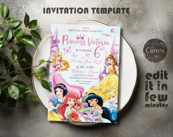Princess Birthday invitation, Girl editable invite template, printable castle invitation, once upon a time royal party, instant download