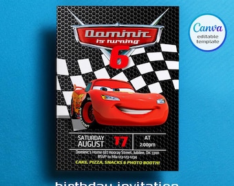 Invitación imprimible de Cars, invitación de Rayo McQueen, invitación para fiesta de cumpleaños, plantilla de invitación de cumpleaños de carreras