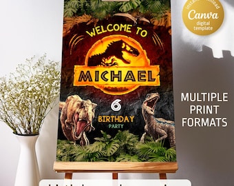 Plantilla de cartel de bienvenida de dinosaurio, cartel de bienvenida jurásico para fiesta de cumpleaños imprimible, cumpleaños de niño, plantilla de decoración de cumpleaños de T-Rex