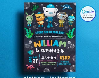 May include: A colorful birthday invitation featuring characters from the cartoon "Octonauts". The invitation is on a chalkboard background with the text "SOUND THE OCTOALERT! Please join us to celebrate WILLIAM is turning 8". The invitation includes the date, time, and RSVP information.