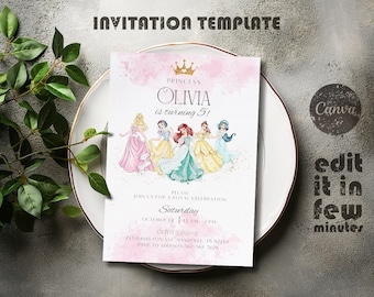 May include: A pink and white invitation with a watercolor background featuring a princess crown and the text "Princess Olivia is turning 5!"  The invitation also features a group of Disney princesses, including Cinderella, Snow White, and Ariel. The text "Please join us for a royal celebration" is at the bottom of the invitation.