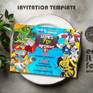 May include: A colorful invitation template featuring cartoon robots. The invitation includes the text "INVITATION TEMPLATE", "JAMES 7TH BIRTHDAY", and event details. The design is set on a white plate with a gray background and green leaves.