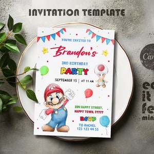 Convite de aniversário menino menina, convite Super Mario, convite de filme Mario Bros, download instantâneo, modelo de convite de aniversário de videogame
