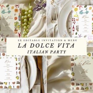 La Dolce Vita Dinner Party | Hand-Drawn Italy Illustration | Editable Canva Template Mediterranean Doodle Invitations Editable Canva Menu