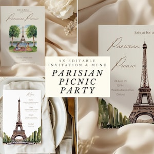 Paris inspirierte Einladung | Pariser Picknick-Einladung | Eiffelturm | Französisches Menü | Bearbeitbare Canva Vorlage | Bearbeitbares Canva Design