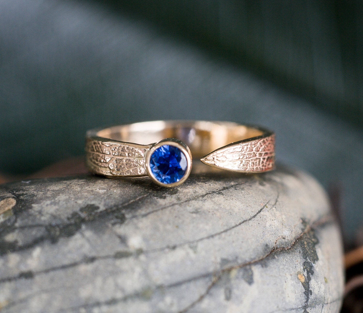 14k Gold Sapphire Leaf Ring  Blue Sapphire Nature  Inspired 