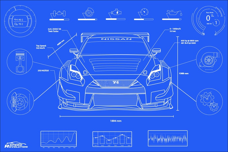 Nissan GTR R35 Technical Blue Print Design - Etsy