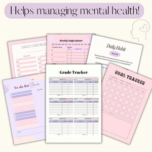 Op de afbeelding: Assortiment van pastelkleurige printbare planners, waaronder een dagelijkse checklist, maandelijkse budgetplanner, cijfertracker, dagelijkse gewoontetracker, doeltracker en to-do-lijstplanner. De tekst "Helps managing mental health!" staat bovenaan.