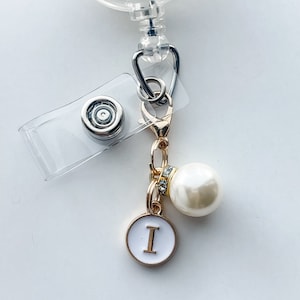 Personalized Badge Reel Charm With Letter Charm Faux Pearl Charm Girly Things Lanyard Teacher Badge Nurse ID Holder Purse Backpack Keys