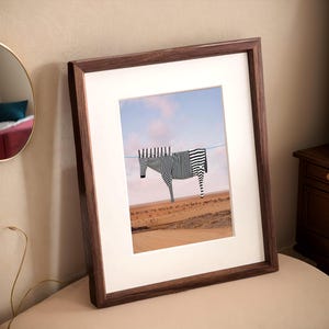 Könnte beinhalten: Ein gerahmtes Foto eines schwarz-weißen Zebras, das an einer Wäscheleine vor einer Wüstenlandschaft mit blauem Himmel und weißen Wolken hängt.