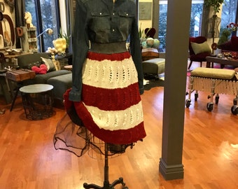 Handmade Bold Striped Crochet Sweater Midi Skirt with Crinoline L