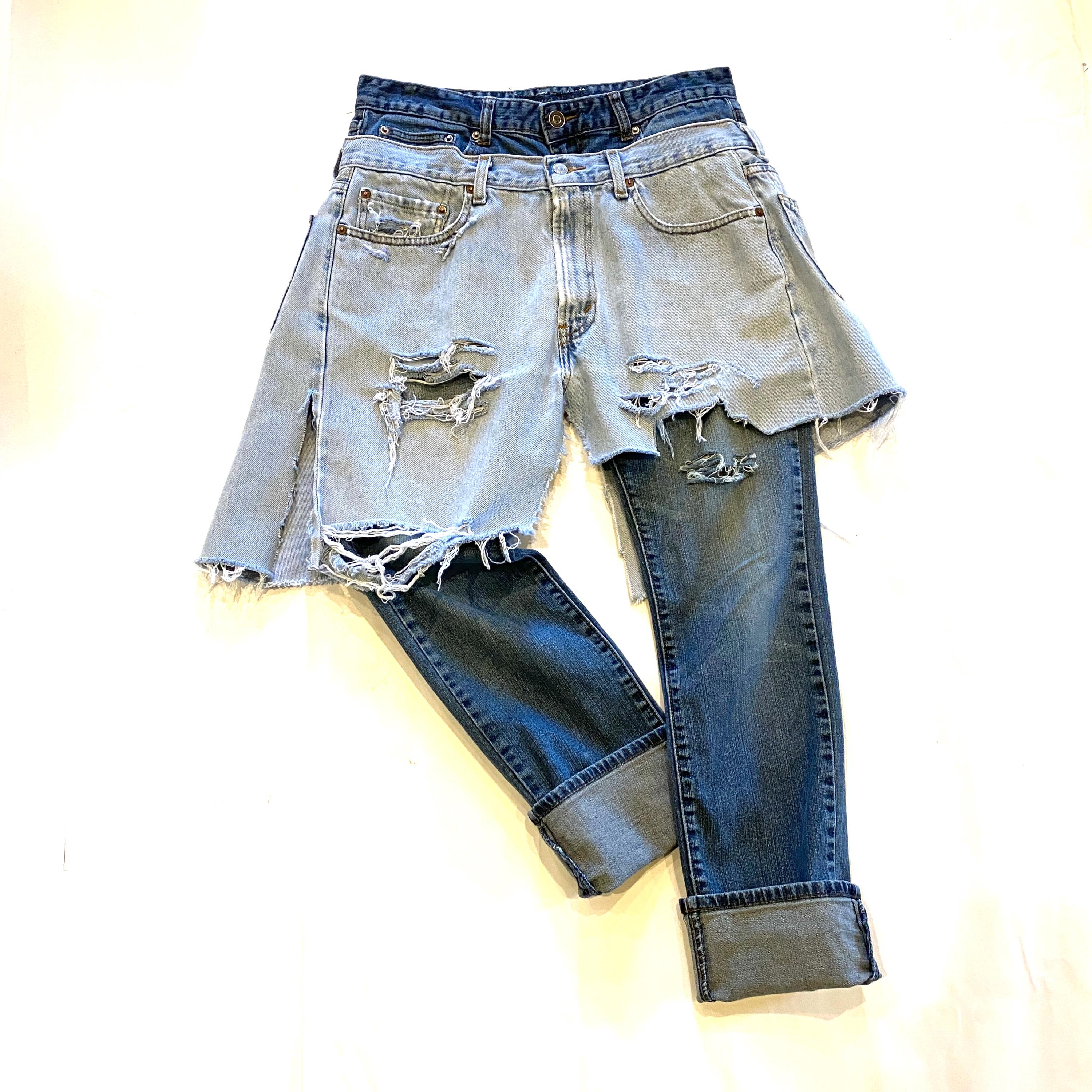 CUSTOM Raw Destroyed Denim double  Pants Jean Combo YOUR SIZE One piece