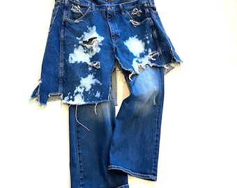 CUSTOM Raw Destroyed Denim double  Pants Jean Combo YOUR SIZE One piece