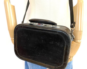 Vintage Distressed Leather Black Box Crossbody Suitcase Bag