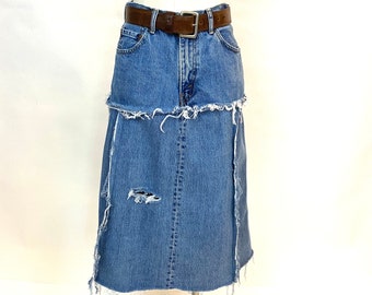 Custom Handmade Tattered  Denim Midi  Skirt YOUR SIZE