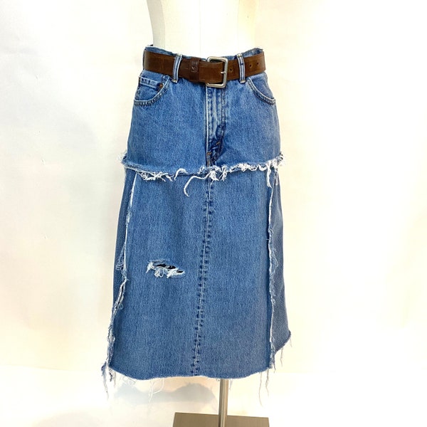 Custom Handmade Tattered  Denim Midi  Skirt YOUR SIZE