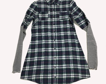 Plaid flannel tunic dress with grunge striped sleeves S/M