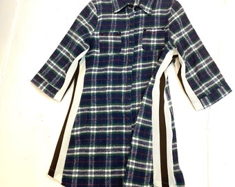 Plaid flannel tunic dress with grunge striped sleeves M/L