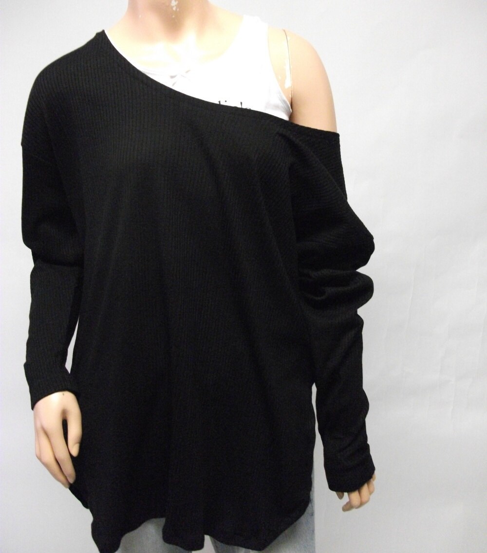 Black Off Shoulder Ribbed Oversized Top | Etsy