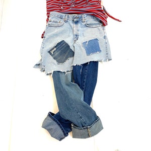 Raw Destroyed Denim Skirt Pants Jean Combo One piece Waist 32 XS