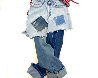 Raw Destroyed Denim Skirt Pants Jean Combo One piece Waist 32 XS