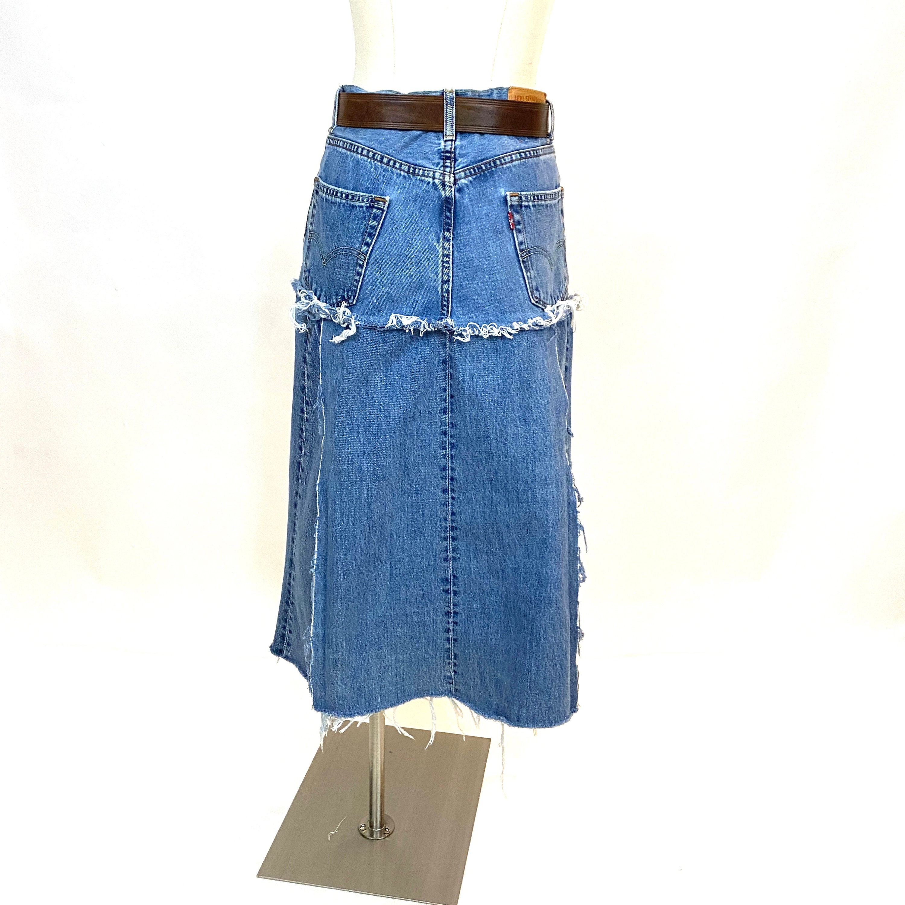 【INCHANT ME】Stitched Belt Denim Long Skirt JNGSA Long Denim Skirts for Women Maxi High Waist A-Line