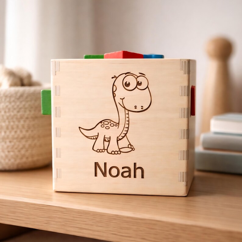 May include: Wooden toy box with a cartoon dinosaur illustration and the name "Noah" engraved on the front. The box has colorful wooden shapes on top and sides. The box is made of light-colored wood.