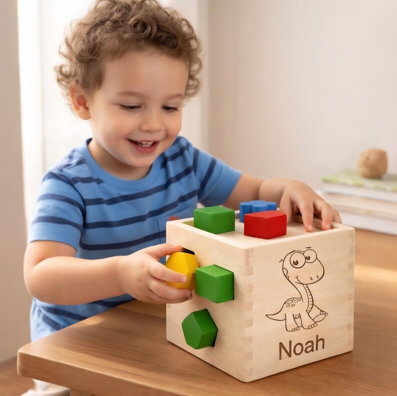May include: A wooden shape sorter toy with a dinosaur illustration and the name "Noah" engraved on the side. The toy has various colored blocks, including green, red, blue, and yellow. The child is playing with the toy.