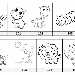 May include: Black and white line drawings of eight different cartoon animals, including a rabbit, hippo, dinosaur, caterpillar, giraffe, dolphin, lion, and butterfly. Each image is labeled with a number from 100 to 107.