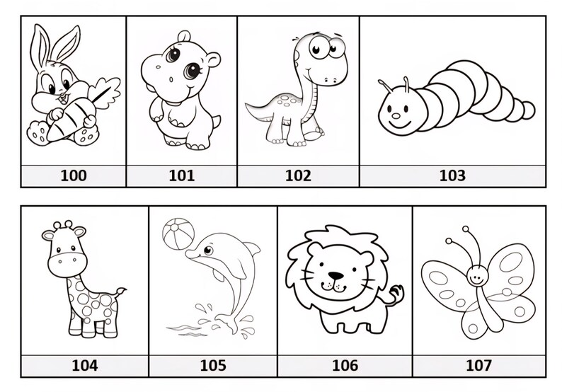 May include: Black and white line drawings of eight different cartoon animals, including a rabbit, hippo, dinosaur, caterpillar, giraffe, dolphin, lion, and butterfly. Each image is labeled with a number from 100 to 107.