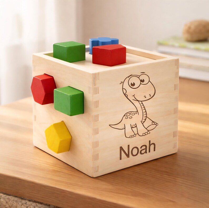 May include: Wooden shape sorter toy with a dinosaur illustration and the name "Noah". The toy includes red, green, yellow, and blue shapes. The wooden box is light-colored and sits on a wooden surface.