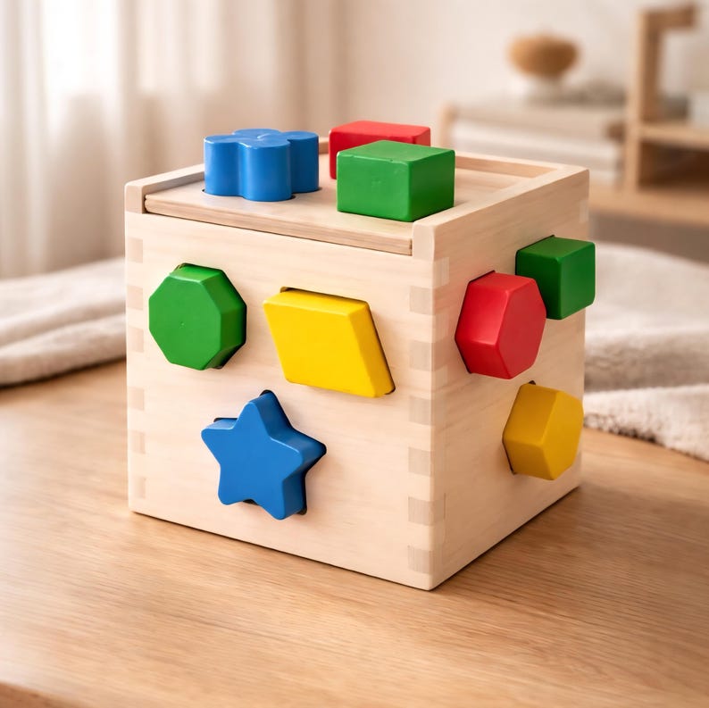 May include: A wooden shape sorter toy with a natural finish. The toy features a cube with various colored geometric shapes, including a blue star, green octagon, and red hexagon. The shapes fit into corresponding holes.