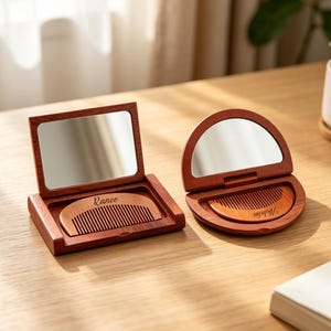 Op de afbeelding: Twee houten compacte spiegels met geïntegreerde kammen. De rechthoekige spiegel heeft een kam met de inscriptie Ranee, terwijl de ronde spiegel een kam heeft met de inscriptie Nicholas. Beide items zijn gemaakt van donker roodbruin hout.