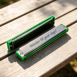 Peut inclure: Un harmonica doté d'un corps en plastique vert vif et d'une plaque de recouvrement en métal argenté poli. La plaque argentée est gravée du texte "Melodies fill your days!" dans une police cursive sombre. L'instrument présente des vis métalliques.