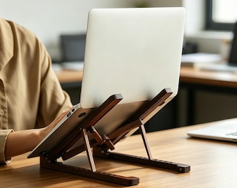 Personalized Foldable Wooden Laptop Stand, Engraved Adjustable Notebook Riser, Portable Ergonomic Desk Holder, Gift for Remote Workers