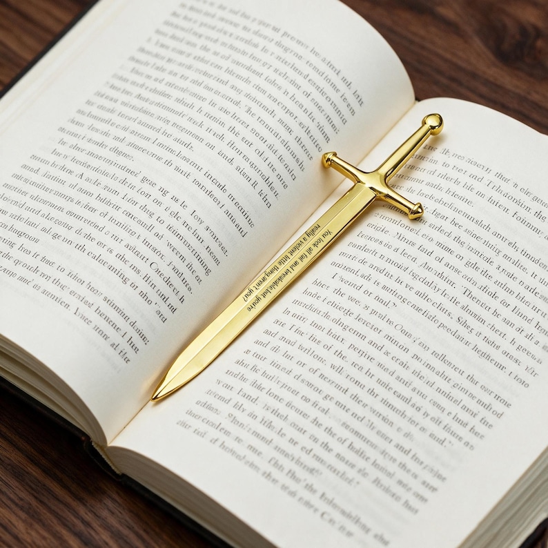 May include: A gold-colored metal letter opener shaped like a sword resting on an open book. The blade features the engraved text: You look all fun and breakable but you're really a violent little thing aren't you? The sword has a crossguard and pommel.