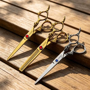 Könnte beinhalten: Drei professionelle Haarschneidescheren mit verzierten Griffen. Zwei goldfarbene Scheren haben rote Edelsteinakzente und den Namen Victoria auf der Klinge eingraviert. Eine silberfarbene Effilierschere hat einen blauen Stein und den Namen Eleanor.