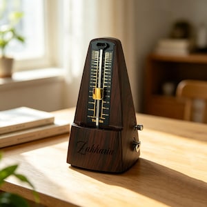 May include: A dark wood-grain mechanical metronome featuring a gold-colored sliding weight on a vertical metal pendulum. The front displays a black scale with white numerical markings and the name Zakharia engraved in a cursive script font.