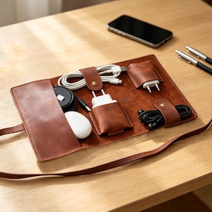 Personalized Tech Organizer Roll, Custom Travel Cable Storage Case, Suede Lined Charger Cord Earphone Holder, Vintage Wrap Tech Bag