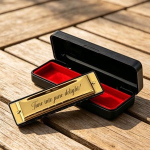 Peut inclure: Un harmonica doré avec le texte gravé "Tune into pure delight!" posé devant un étui de transport rectangulaire noir ouvert, doté d'une doublure intérieure rouge vif et d'un mécanisme de couvercle à charnière pour un rangement sécurisé.
