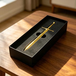 May include: A gold-colored metal letter opener shaped like a miniature sword, resting in a black rectangular box with foam padding. The blade features engraved text that reads, "You look all fat and breakable but you're a tough little thing aren't you?"