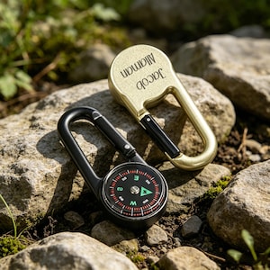 Può includere: Un moschettone nero con bussola circolare integrata dotata di quadrante nero, marcature bianche e ago verde, accanto a un moschettone color oro inciso con il nome Jacob Allaman in un carattere sans-serif scuro sulla parte superiore.